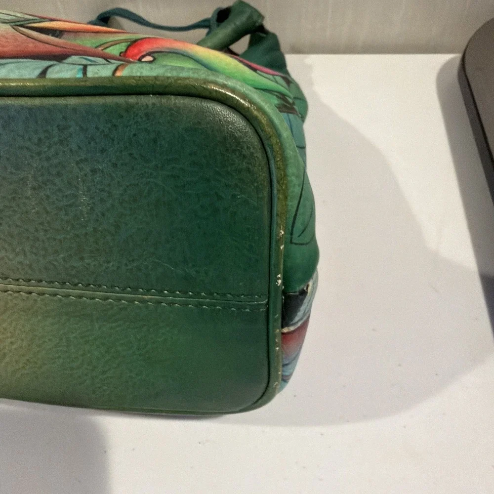 Anuschka Leather Hobo Tropical Bliss‎ Hand Painted Purse Brass Hardware Birds